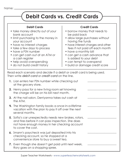 Credit, Debit, and Bank Accounts - Debit Cards vs. Credit Cards (Printable PDF Worksheet)