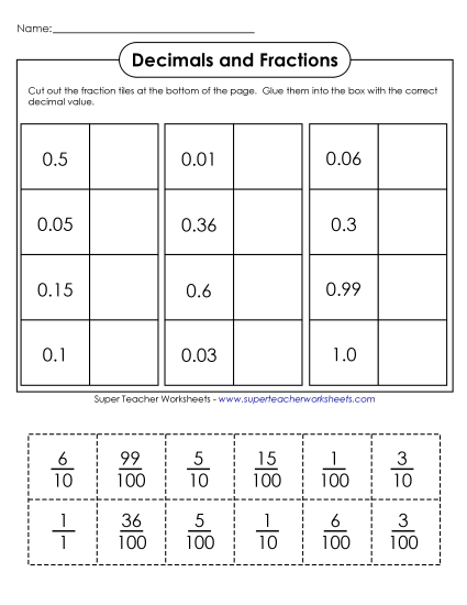 Tenths & Hundredths Mixed - Decimal-Fraction Cut-and-Glue
