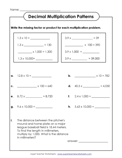 Decimal Multiplication Patterns - Decimal Multiplication Patterns (Missing Numbers)