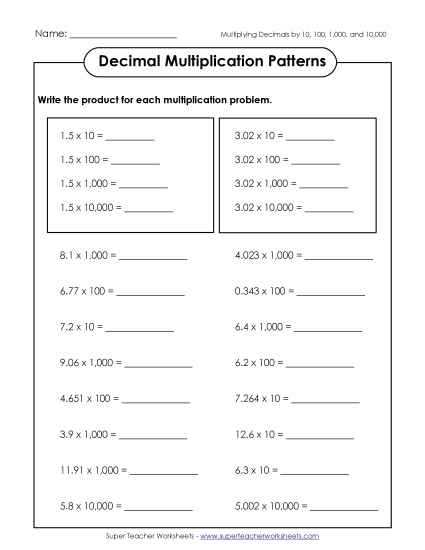 Decimal Multiplication Patterns - Decimal Multiplication Patterns (Thousandths)