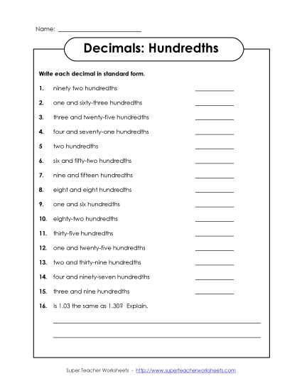 Hundredths - Decimal Names - Hundredths