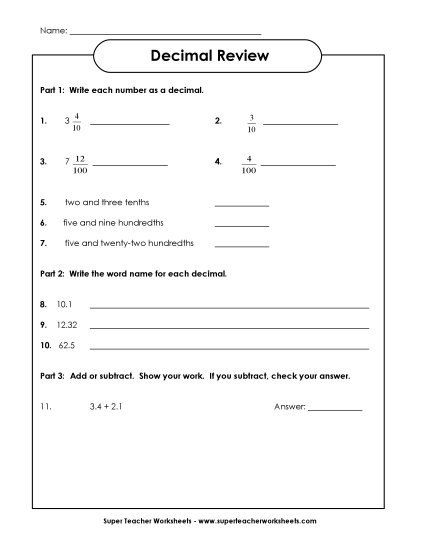 Tenths & Hundredths Mixed - Decimal Review
