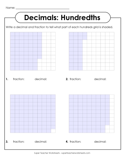 Hundredths - Decimals Hundredths (100 Boxes)