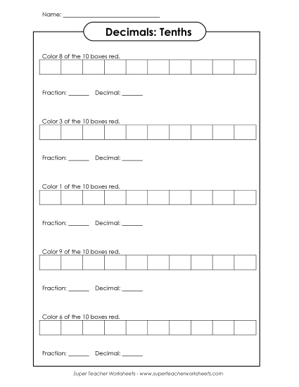 Tenths - Decimals Tenths: Shade the Boxes