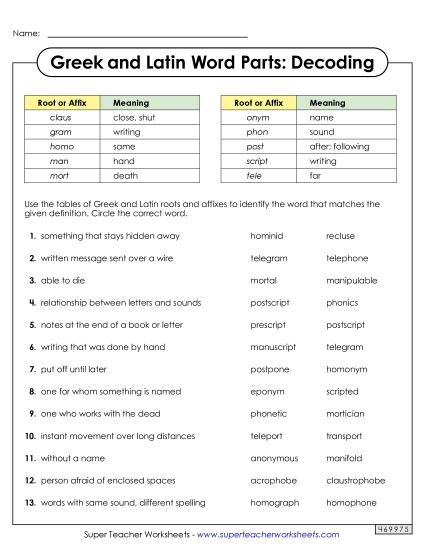Worksheets - Decoding Words with Greek and Latin Roots and Affixes Worksheets - Decoding Words with Greek and Latin Roots and Affixes