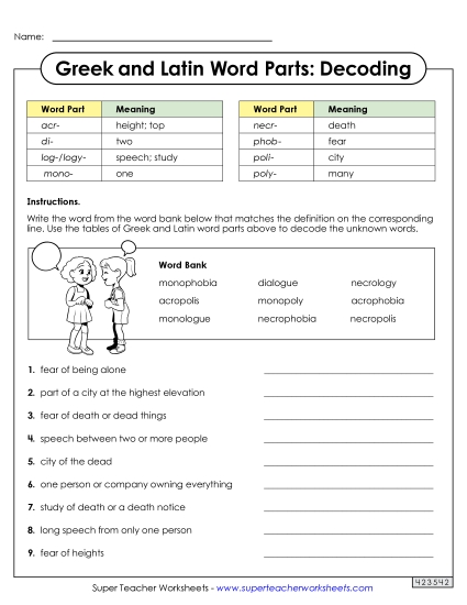 Worksheets - Decoding Words with Greek and Latin Word Parts Worksheets - Decoding Words with Greek and Latin Word Parts