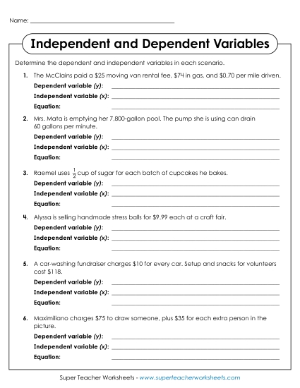 Dependent & Independent Variables w/ Equations - Determine Independent and Dependent Variables  and Write Equations