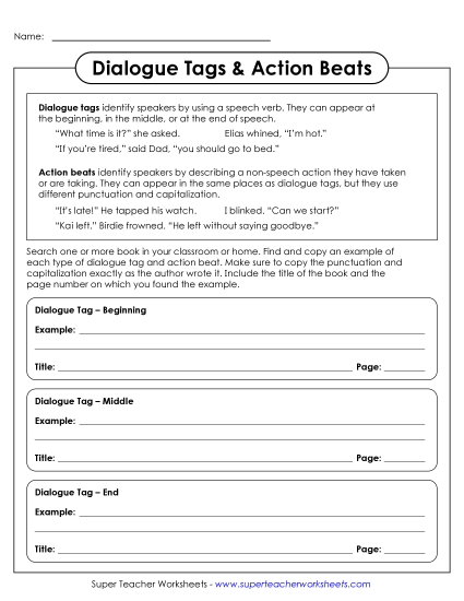 Quotation Marks for Dialogue - Dialogue Tags & Action Beats: Find Examples (Printable PDF Worksheet)