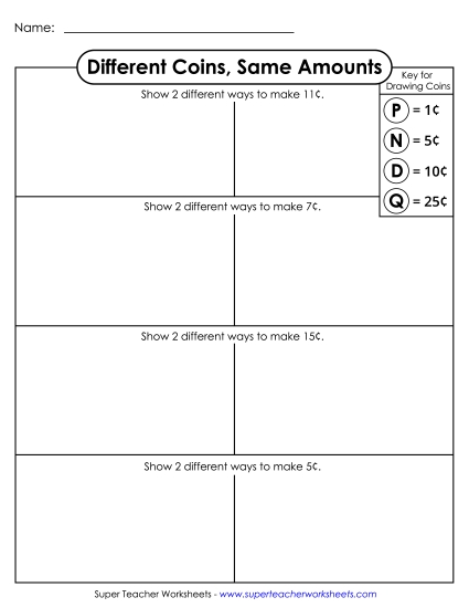 Worksheets - Different Coins, Same Amounts (Basic)