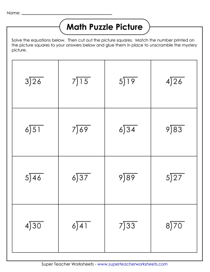 Division - Division w/ Remainders (1-Digit Quotients): Cut-and-Glue Mystery Puzzle