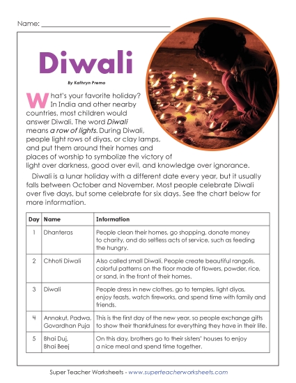 Reading Comprehension - Diwali (6th Grade Reading Level) (Printable PDF Worksheet)