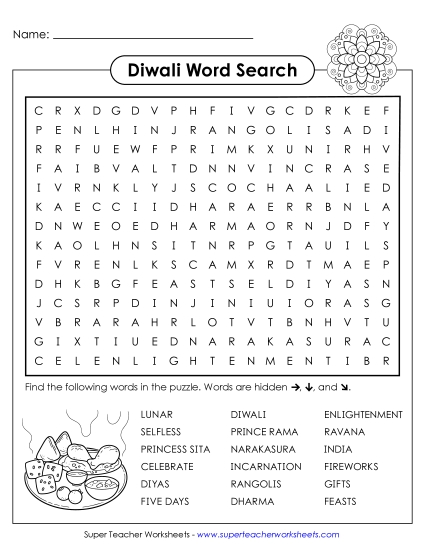Vocabulary - Diwali Word Search (Hard) (Printable PDF Worksheet)