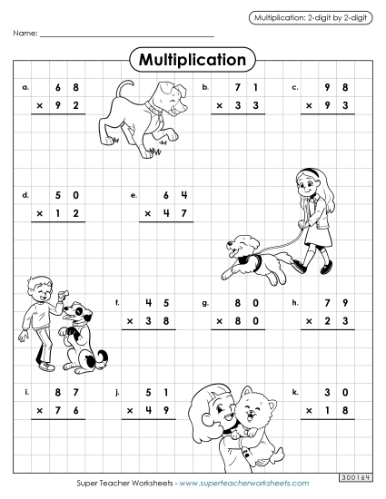 2-Digit Times 2-Digit Worksheets - Dog Multiplication: 2-digit by 2-digit