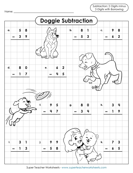 2-Digit Subtraction (With Borrowing) - Dog Subtraction (2-digits / Regrouping)