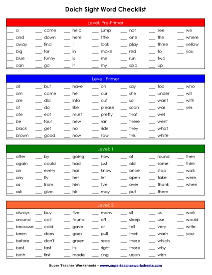 Checklist - Dolch Sight Words - Checklist