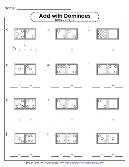 Addition Worksheets, Games, & Puzzles - Domino Addition (Fill In - Sums to 10)
