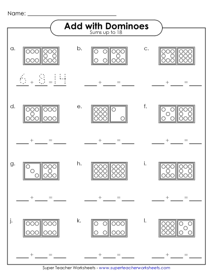 Addition Worksheets & Games - Domino Addition (Fill In - Up to 18)