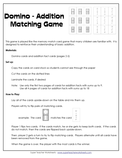 Addition Worksheets & Games - Domino - Addition Matching Game Addition Worksheets & Games - Domino - Addition Matching Game