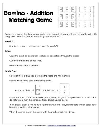 Addition Worksheets, Games, & Puzzles - Domino - Addition Matching Game