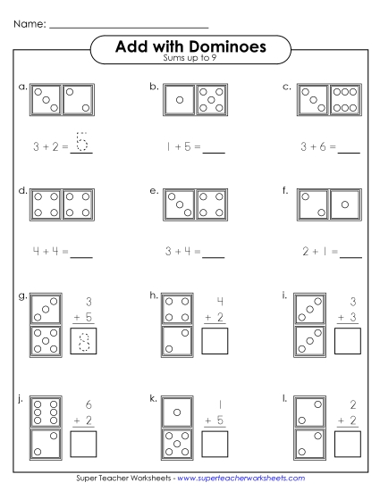 Addition Worksheets, Games, & Puzzles - Domino Addition (Sums to 9)