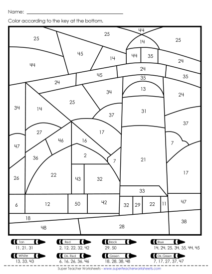 Color by Number - Double Color-by-Number: Farm or Lighthouse (Numbers to 50) Color by Number - Double Color-by-Number: Farm or Lighthouse (Numbers to 50)