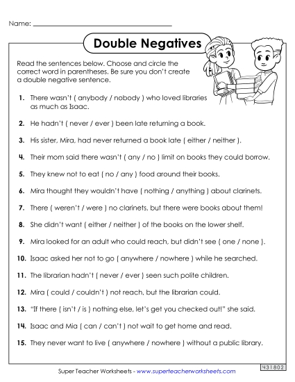 Worksheets - Double Negatives: Circle the Correct Word Worksheet 2