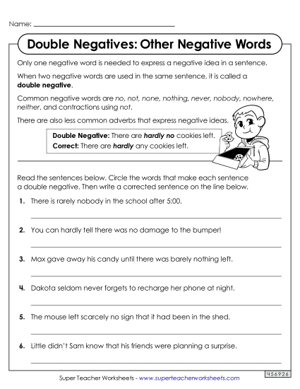 Worksheets - Double Negatives: Less Common Negative Words