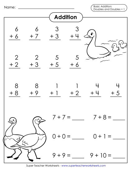 Practice Worksheets - Doubles and Doubles + 1 Drill Worksheet