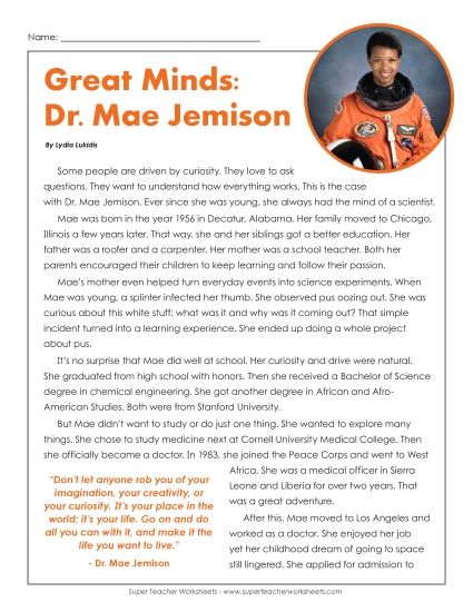 Reading Comprehension - Dr. Mae Jemison from Chicago Reading Comprehension - Dr. Mae Jemison from Chicago