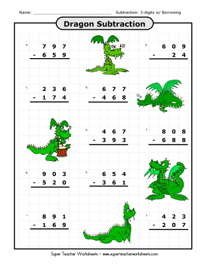 3-Digit Subtraction - Dragon Subtraction (3-digits / Regrouping)