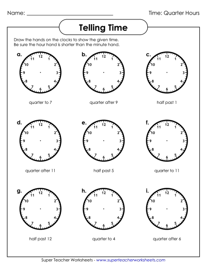 Quarter Hours - Draw Clock Hands: Quarter Hour
