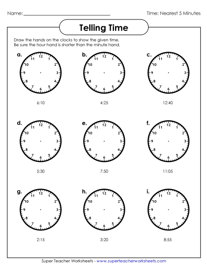 Reading Clocks: Nearest 5 Minutes - Draw Clock Hands: To Nearest Five Minutes