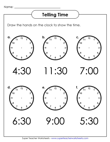 Reading Clocks: Nearest Half Hour - Draw the Hands