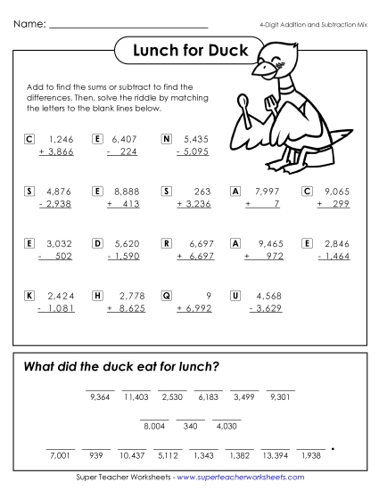 Addition and Subtraction Mixed - Duck's Lunch (Add/Subtract; 4 Digit) Addition and Subtraction Mixed - Duck's Lunch (Add/Subtract; 4 Digit)