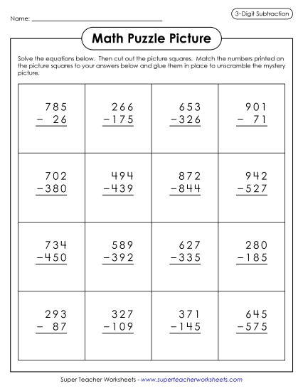 Easter Subtraction - Easter Bunnies Math Picture Puzzle (3-Digit Subtraction)
