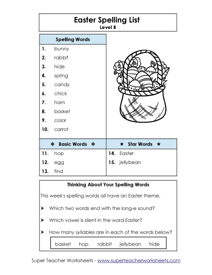 Spelling List - Easter Spelling List (B-Easter) 