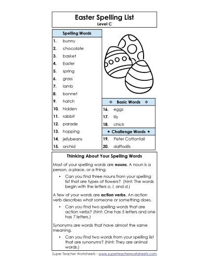 Spelling List - Easter Spelling List (C-Easter) 