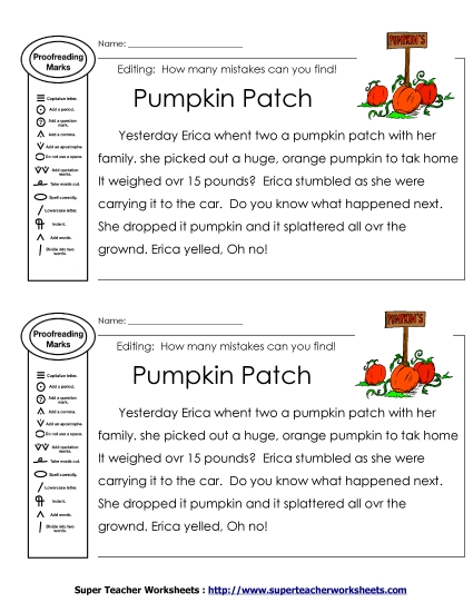 Proofreading - Editing:  Pumpkin Patch (Printable PDF Worksheet)