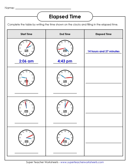 Level: Advanced 1 Minute Increments - Elapsed Time Analog Table (Advanced) Level: Advanced 1 Minute Increments - Elapsed Time Analog Table (Advanced)