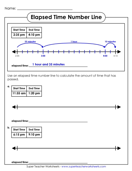 Elapsed Time: 5 Minute Increments - Elapsed Time Number Line (Intermediate)