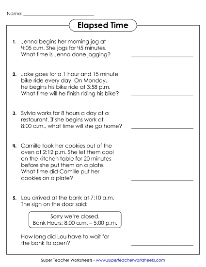Level: Intermediate 5 Minute Increments - Elapsed Time Story Problems Worksheet #2