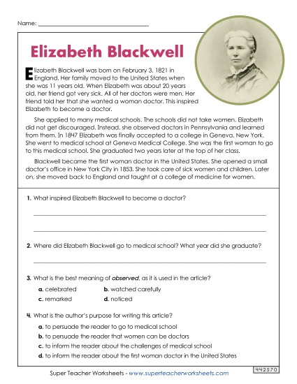 Reading Comprehension Articles - Elizabeth Blackwell (Short Passage) Reading Comprehension Articles - Elizabeth Blackwell (Short Passage)