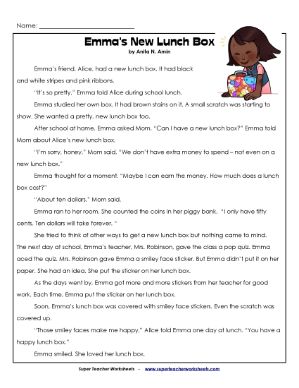 Fiction - Emma's New Lunch Box (Printable PDF Worksheet)