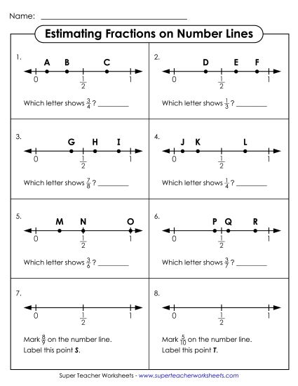 Fraction Number Bonds - Estimating Fractions on Number Lines (Printable PDF Worksheet)
