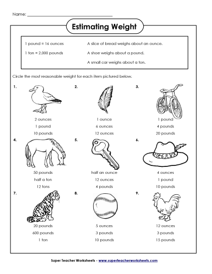 Worksheets - Estimating Weight Worksheets - Estimating Weight