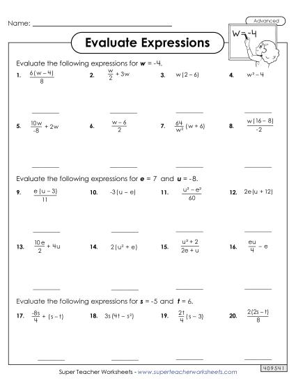 Advanced Level: Incl. +/- Numbers - Evaluate Algebraic Expressions (Advanced) Worksheet 2 Advanced Level: Incl. +/- Numbers - Evaluate Algebraic Expressions (Advanced) Worksheet 2