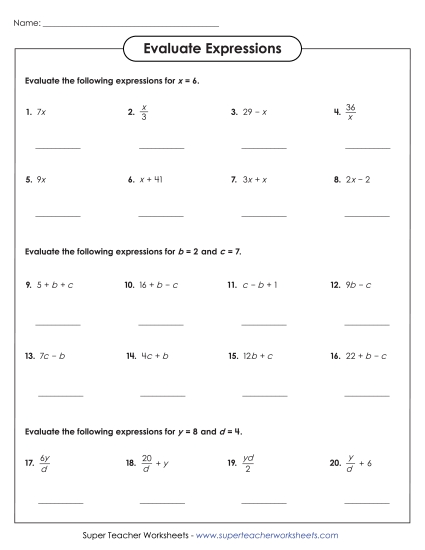 Basic Level: Positive Whole Numbers - Evaluate Algebraic Expressions (Basic) Worksheet 1 Basic Level: Positive Whole Numbers - Evaluate Algebraic Expressions (Basic) Worksheet 1