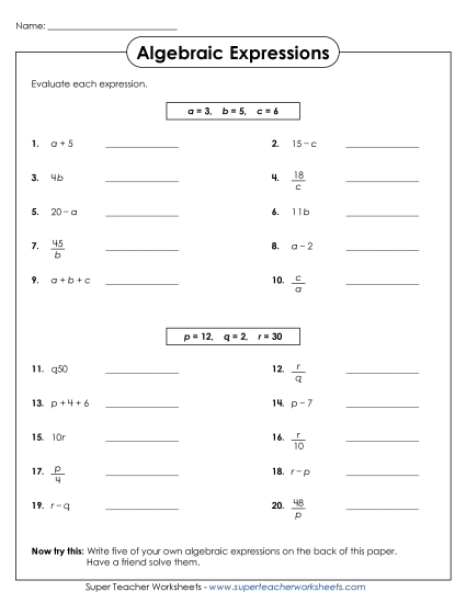 Basic Level: Positive Whole Numbers - Evaluate Algebraic Expressions (Basic) Worksheet 2 Basic Level: Positive Whole Numbers - Evaluate Algebraic Expressions (Basic) Worksheet 2
