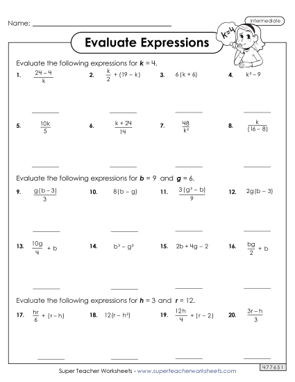 Intermediate Level: Exponents & Parentheses - Evaluate Algebraic Expressions (Intermediate) Worksheet 2 Intermediate Level: Exponents & Parentheses - Evaluate Algebraic Expressions (Intermediate) Worksheet 2