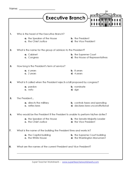 Worksheets - Executive Branch Questions